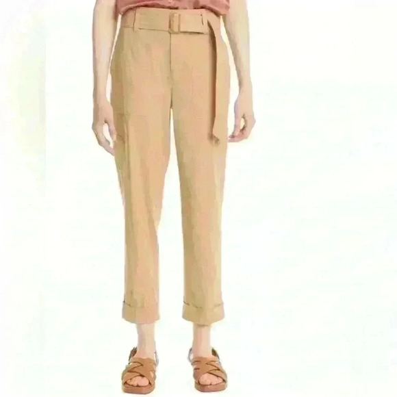 Vince - belted, stretch linen, paper bag, crop trousers- Sz L - Picture 2 of 10